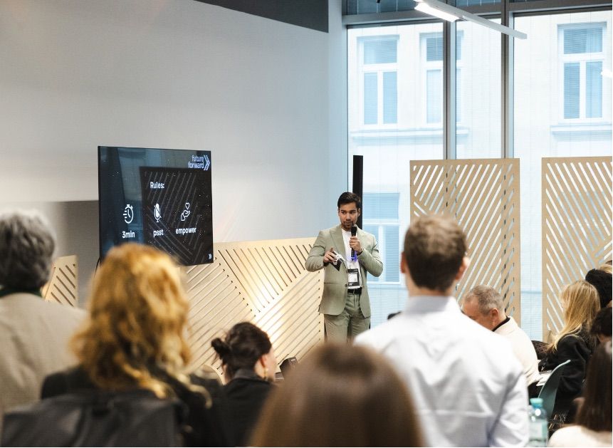 A founder pitching in the Startup Arena